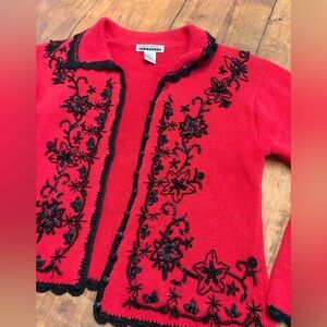 Vintage Elegant Red‎ Cardigan with Black Embroidery